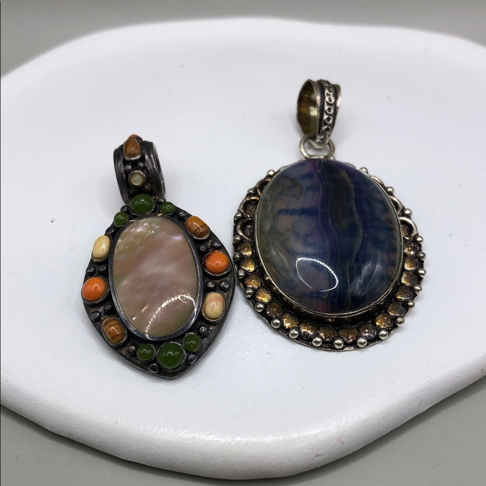 Vintage sterling silver 925 MoP inlay mosaic pendant boho signed + free extra